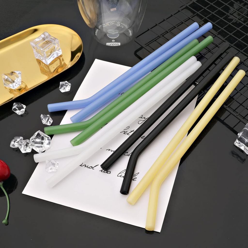 JASHII 8pcs Black Glass Straws, Reusable Crystal Drinking Straws Glass Colorful, Shatter Resistant w