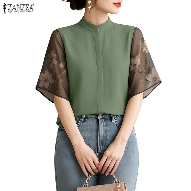 เสื้อแขนสั้นสไตล์เกาหลีและจีน จาก ZANZEA ดีไซน์หรูหรา พิมพ์ลายดอกไม้ตาข่ายสำหรับผู้หญิง
