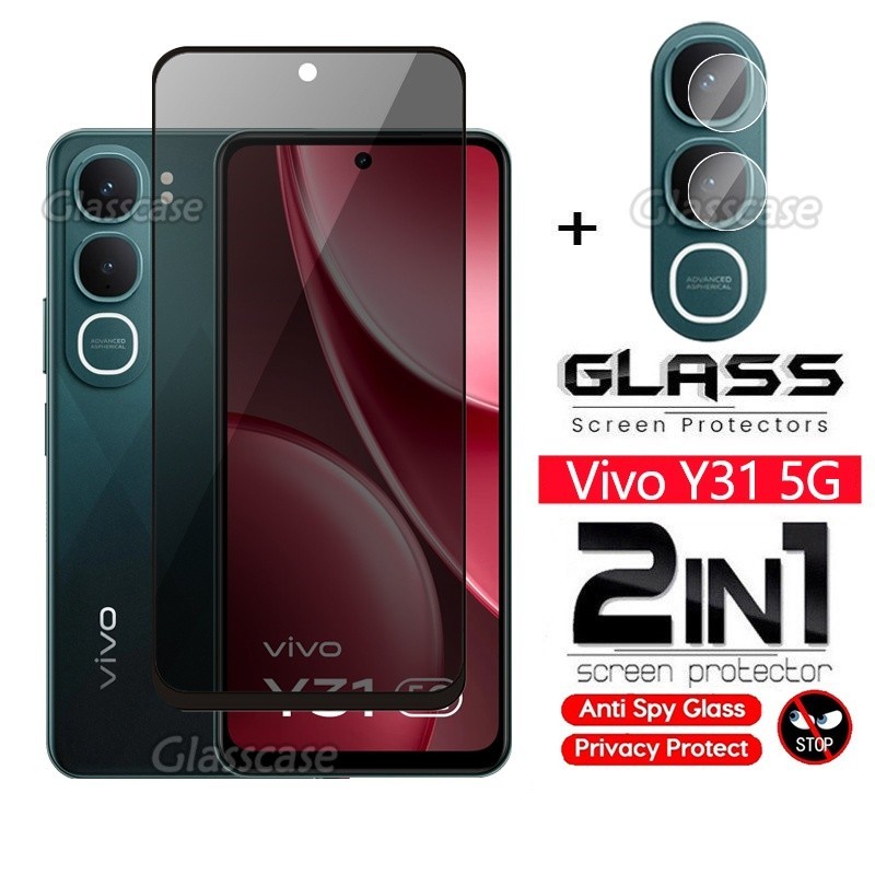2 IN 1 ความเป็นส่วนตัวป้องกันหน้าจอกระจกนิรภัยฟิล์มสําหรับVivo Y31 Y21d VivoY31 Y 31 VivoY21d Y 21d Y21 d 4G 5Gกล้องกลับเลนส์ป้องกันกระจกด้านหน้าฟิล์มป้องกันคลุมทั้งหมด