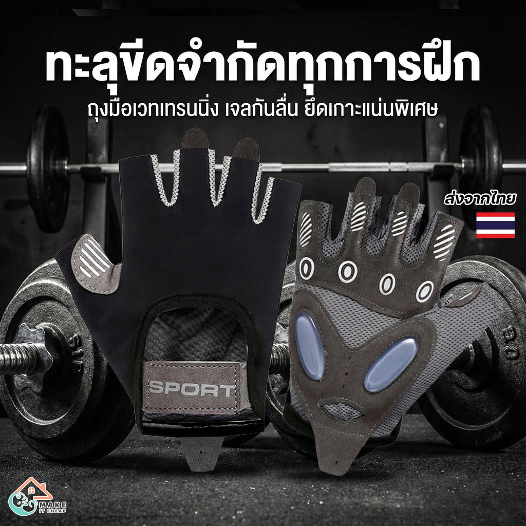 ถุงมือออกกำลังกาย มีแผ่นกันลื่น+เจลกันกระแทก เหมาะยกเวท เล่นฟิตเนส ซัพพอร์ตดี ระบายอากาศเยี่ยม ราคา ถูกที่สุด ดีลบีเคเค
