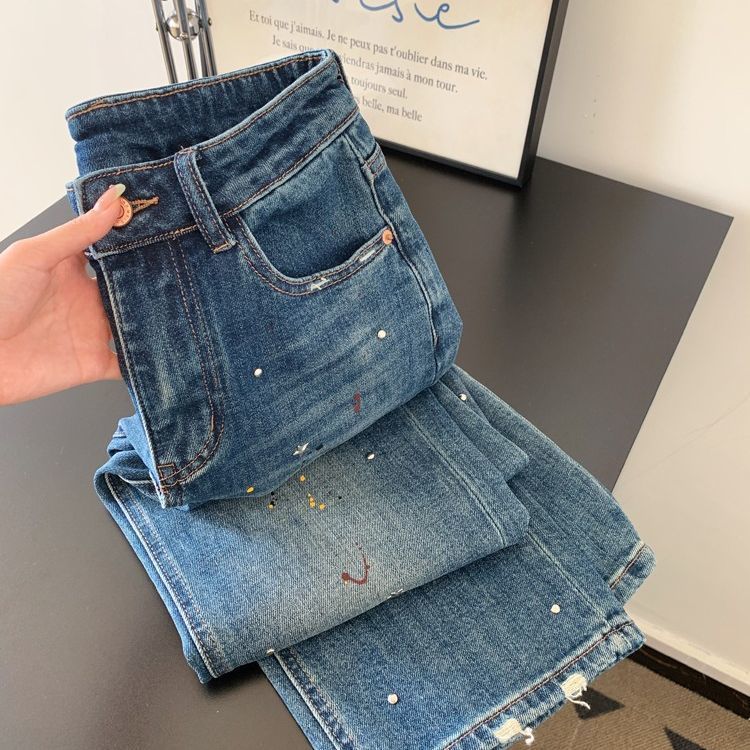 Frayed Design Splash Ink Jeans Wide-Leg Loose Lazy Style Cigarette Pipe แคบตรงกางเกงสุภาพสตรี