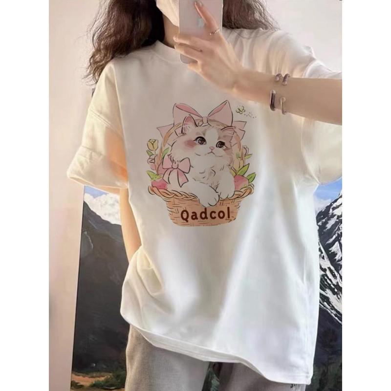 Papaya เสื้อยืด Oversize สกรีนลายแมวน่ารัก ผลิตจากผ้าฝ้าย 100% ใส่สบาย WS1155 Lady Clothing