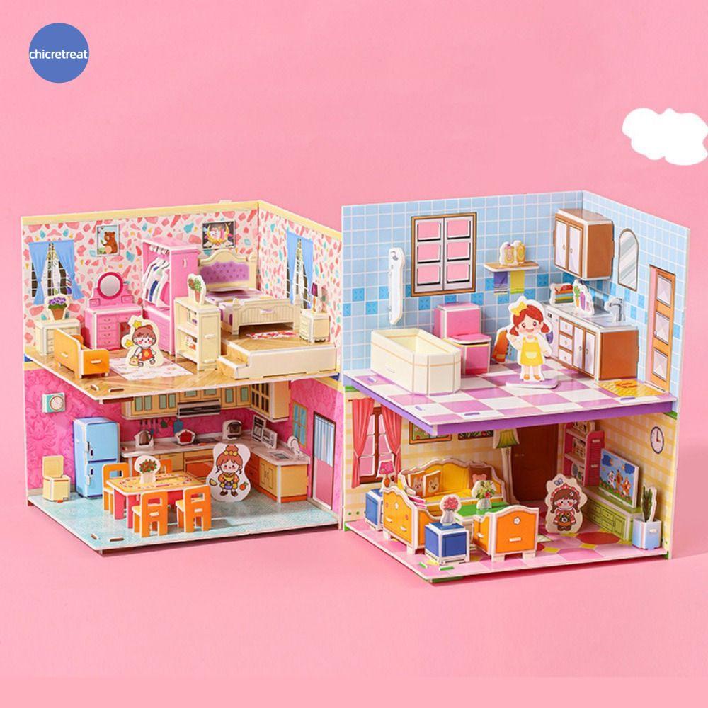 CHICRETREAT 3D Room รุ่นปริศนาของเล่น, 3D ห้องกระดาษแข็ง, การ์ตูนห้องนอนห้องนั่งเล่น Handmade Room ร