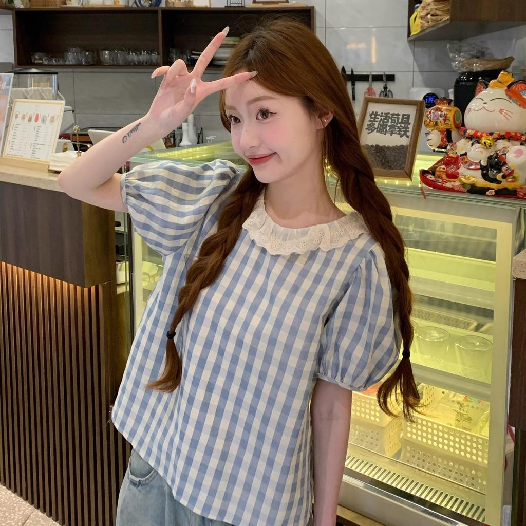 Red Berryเสื้อเบลาส์แขนพองลายสก็อตฤดูใบไม้ร่วงสำหรับผู้หญิ รูปที่ 7