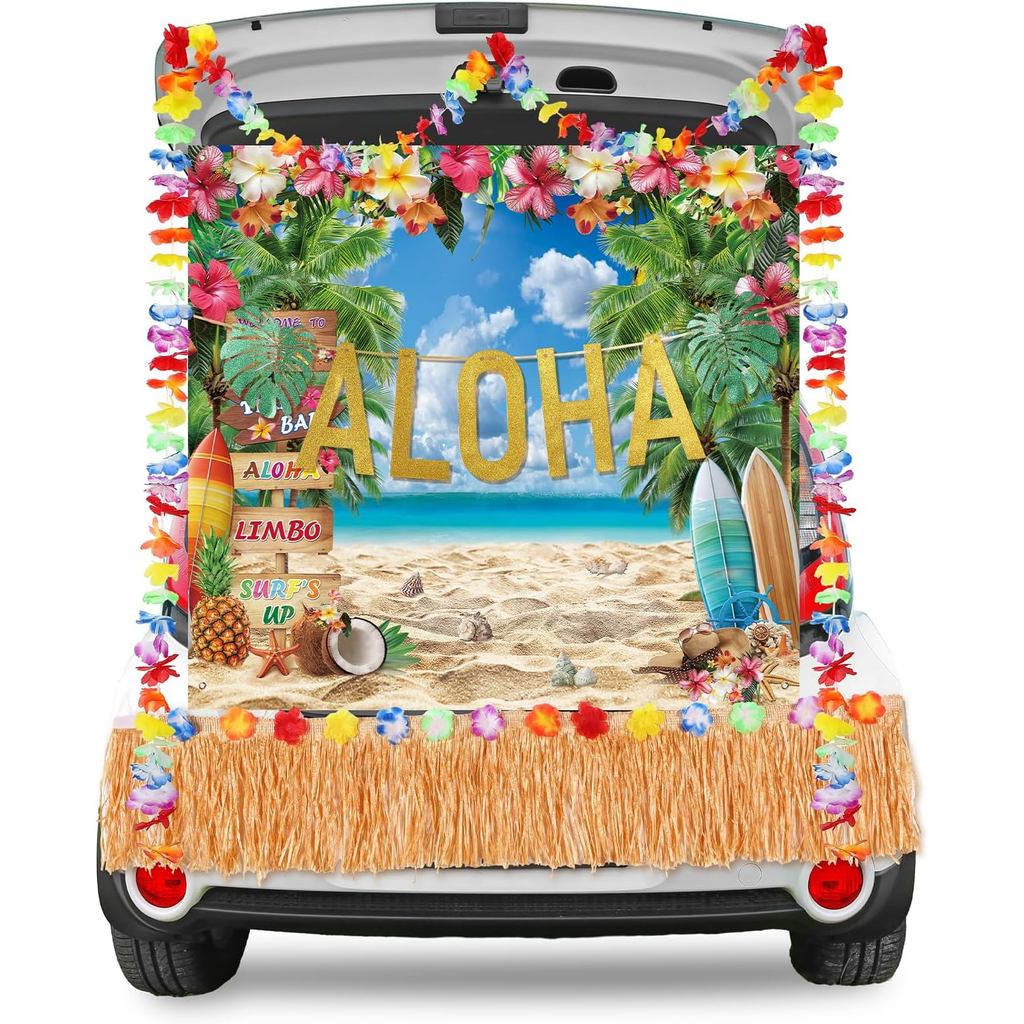 Panelee 4 Pcs Hawiian Trunk or Treat Aloha Car Decorations Kit Halloween Themed Design Car Archway G