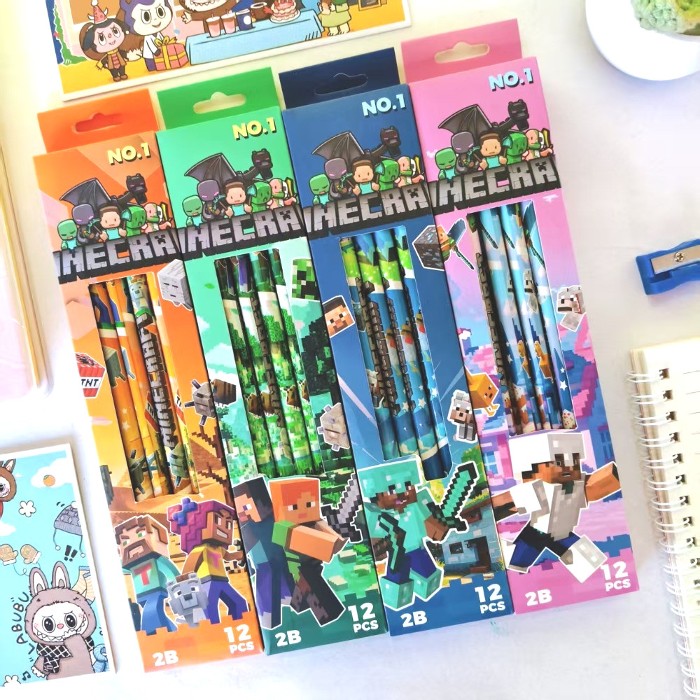 12ชิ้น/กล่อง มายคราฟ 2ข ชุดดินสอยางไม้พร้อมกบเหลาดินสอในตัว-