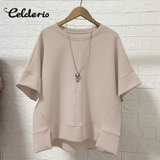Celderio เสื้อครึ่งแขนสไตล์ลูกเรือสำหรับผู้หญิง ออกแบบพัตช์เ…
