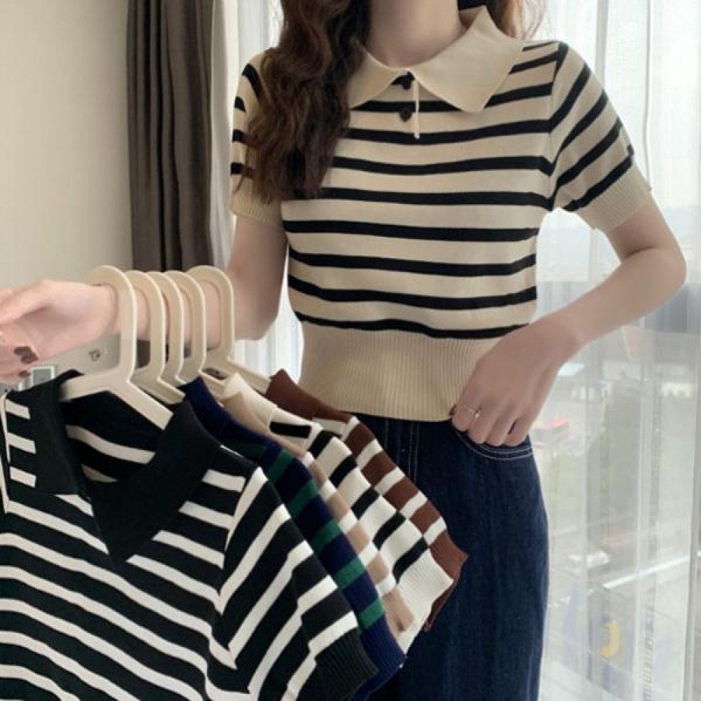 เสื้อยืดแขนสั้นคอปกลายทาง SLT-N02