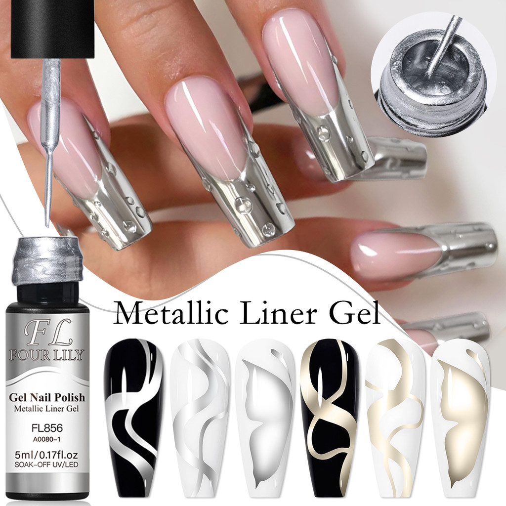 FOUR LILY 3 สี Metallic Liner Gel Nail Art Gold Silver Uv Gel Long Lasting Soak Off 5ml