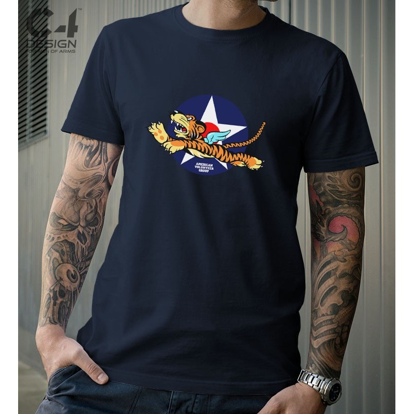 เสื้อยืดคอกลมแขนสั้นFlying Tigers ทำจากผ้าฝ้าย 100%