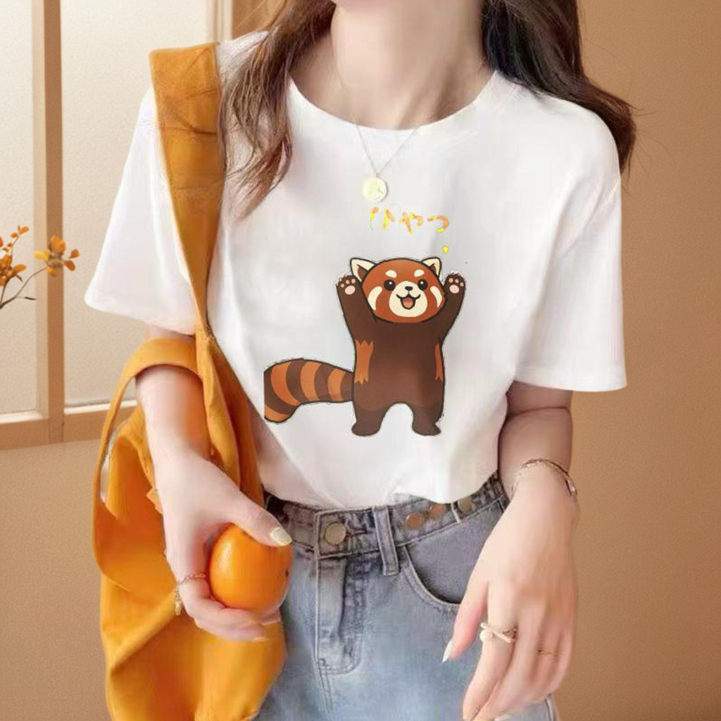 เสื้อยืดลายน้องแพนด้าแดง สไตล์เกาหลี ผ้านิ่ม ใส่สบาย ใส่ได้ทั้งชายหญิง