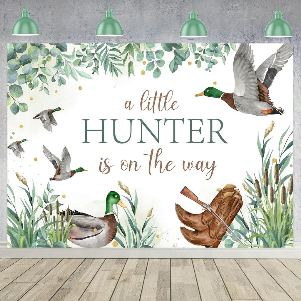 Jollyboom Duck Hunting Baby Shower ตกแต่ง, Little Hunter is On The Way Baby Shower ฉากหลังแบนเนอร์กา