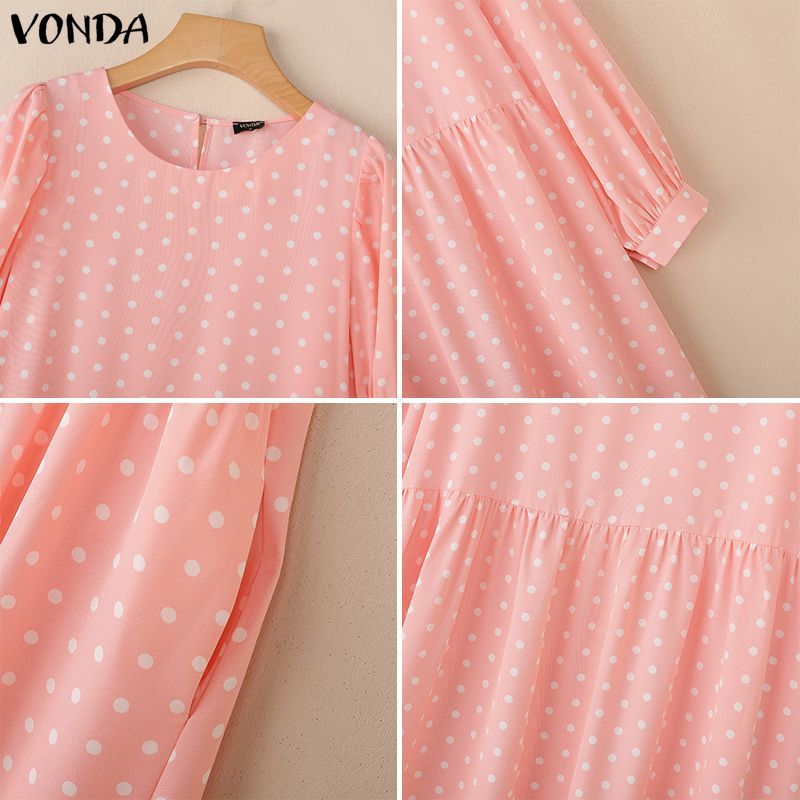 VONDA ชุดเดรสคอกลมแขนพัฟลายจุดสไตล์เกาหลีสําหรับผู้หญิง — صورة 8