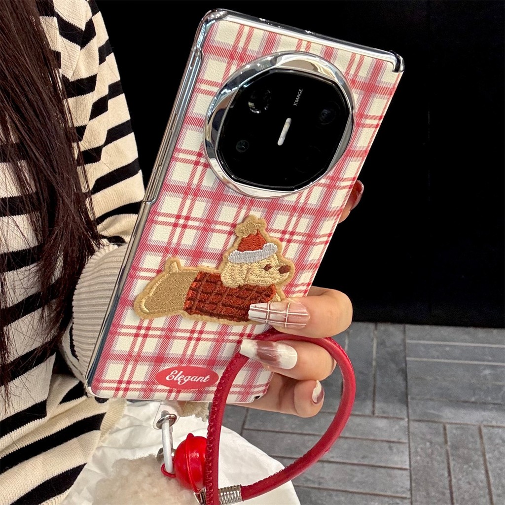 เหมาะสําหรับ Huawei mateX6 หน้าจอพับเคสโทรศัพท์ MateX5 การ์ตูนเกาหลีลายสก๊อตสีแดงเย็บปักถักร้อย Pupp