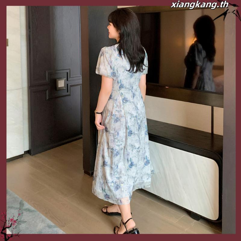 [ 🔥อกถึง 50" ] : PMP2356 : พรีออเดอร์ เสื้อผ้าไซส์ใหญ่ ชุดเดรสกี่เพ้าแบบยาวลายดอกคอจีนสไตล์ย้อนยุคแข