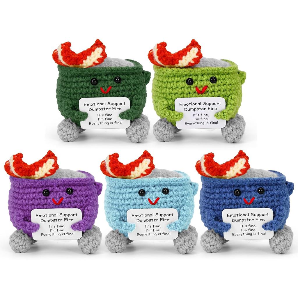 5PCS Emotional Support Crochet Dumpster Fire with Positive Card, Funny Handmade Knitted Desk Accesso