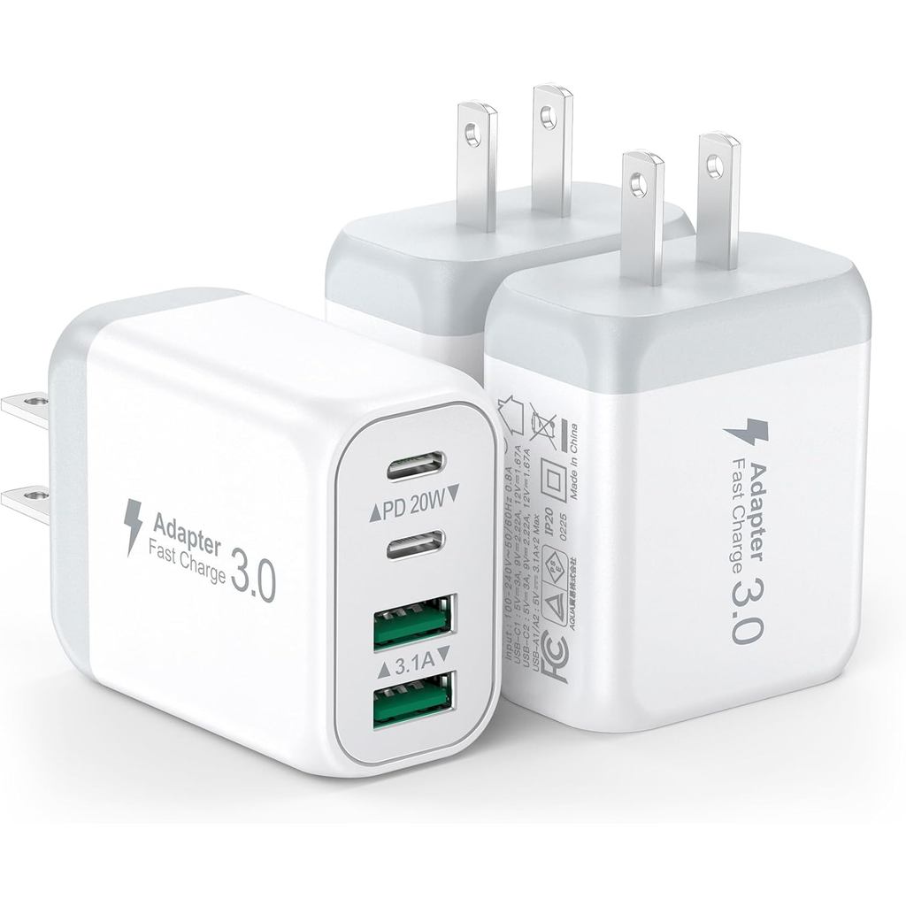 LCGENS 3 Pack USB Wall Charger,Fast C Charger Block 4 Port PD Power Adapter,QC Plug Multiport Type C