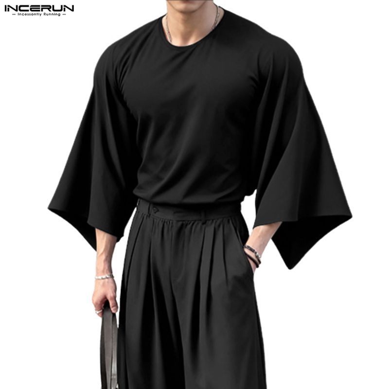 INCERUN เสื้อยืดผู้ชาย สไตล์เกาหลี Cleanfit แขนยาว baggy สีทึบ