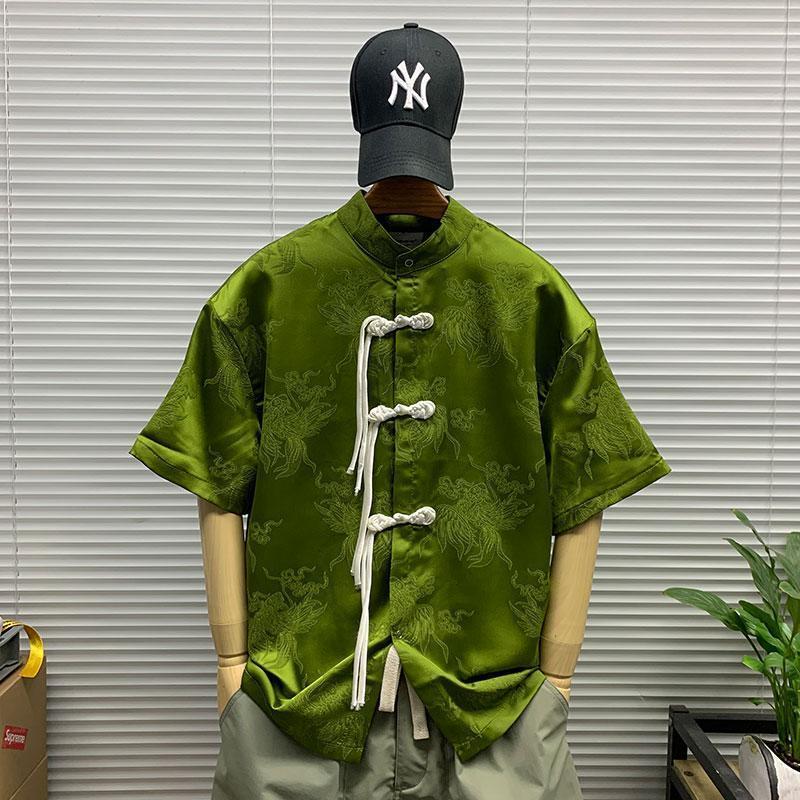 [คลังสินค้าพร้อม] สไตล์จีนปุ่มแผ่นดิสก์ยืนปกเสื้อแขนสั้นผู้ชายใหม่จีนย้อนยุคหลวมผ้าม่านเสื้อผ้าด้านบน#国风盘扣立领短袖衬衫男装新中式复古宽松垂感上衣服