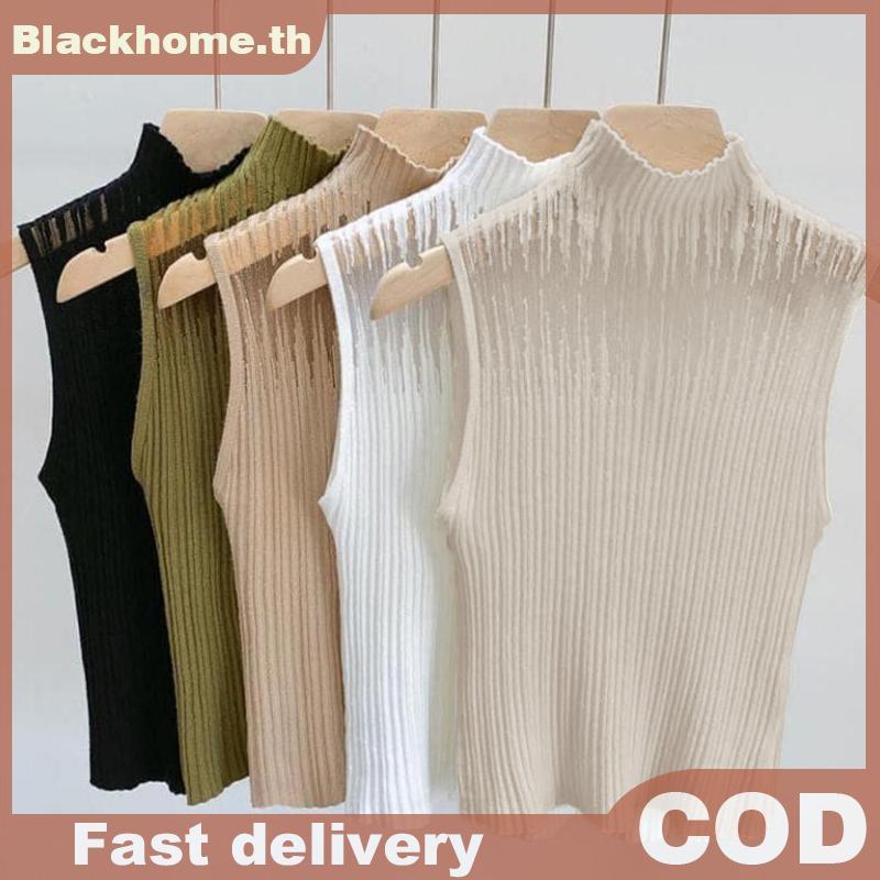 ACK ฤดูร้อนเกาหลีครึ่งคอเต่า Hollow ถักเสื้อกั๊กผู้หญิงสีทึบแขนกุด Slim Tank Top N