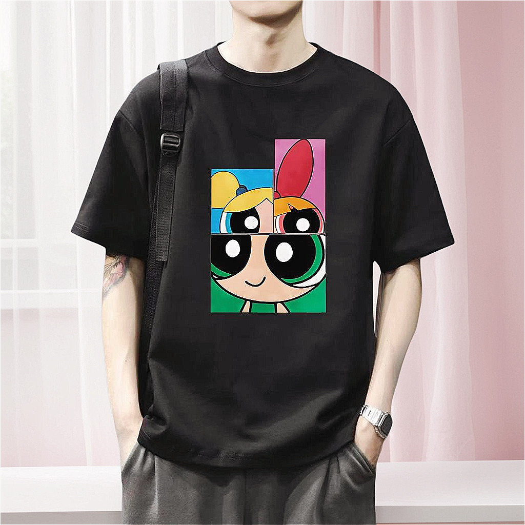 เสื้อยืดลายการ์ตูนแบบบล็อกสี น่ารักสดใส ใส่ได้ทั้งชายหญิง ทรงหลวมใส่สบาย แมทช์ง่าย