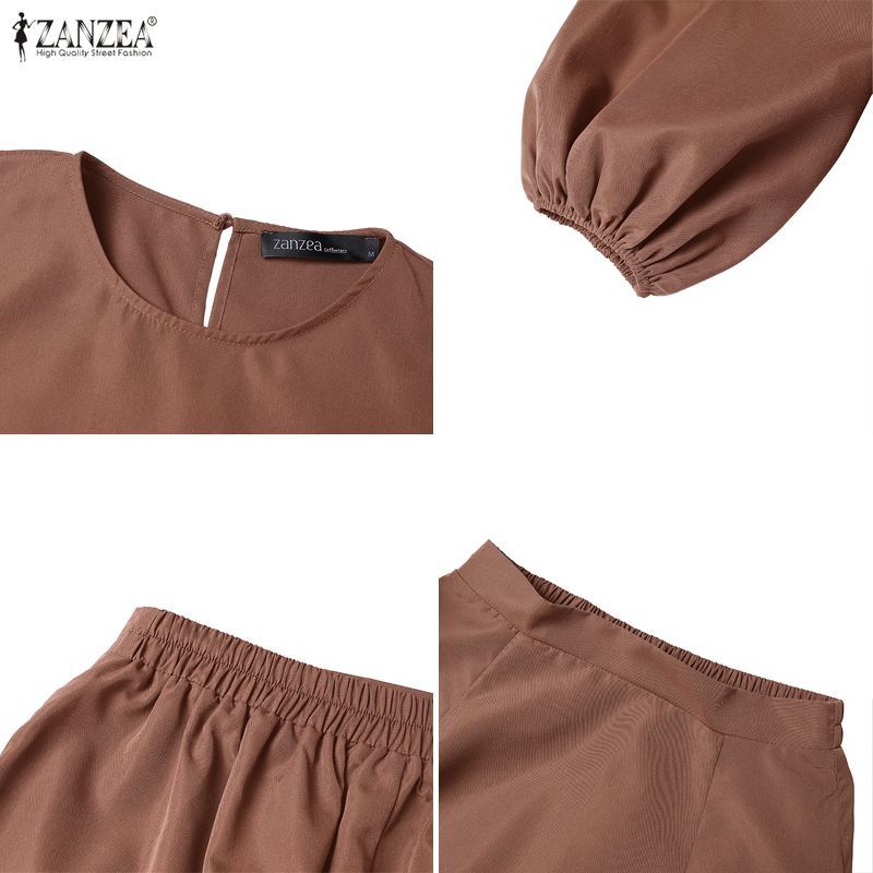 ZANZEA สตรีมุสลิมหรูหราลูกเรือคอโคมไฟแขนตัดเอวสูง A-Line ชุดสองชิ้น - รูปที่ 7