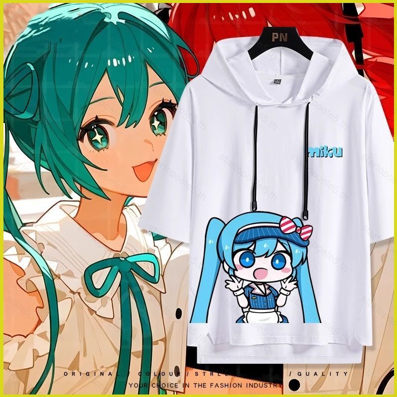 KASENE TTO Hatsune Miku Hoodie Shirt แขนสั้น ทรงหลวมสำหรับฤดูร้อน