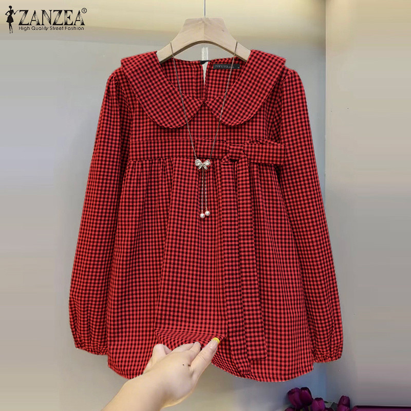 ZANZEA เสื้อลายสก๊อตแขนโบว์ pleated สไตล์เกาหลี retro — صورة 6