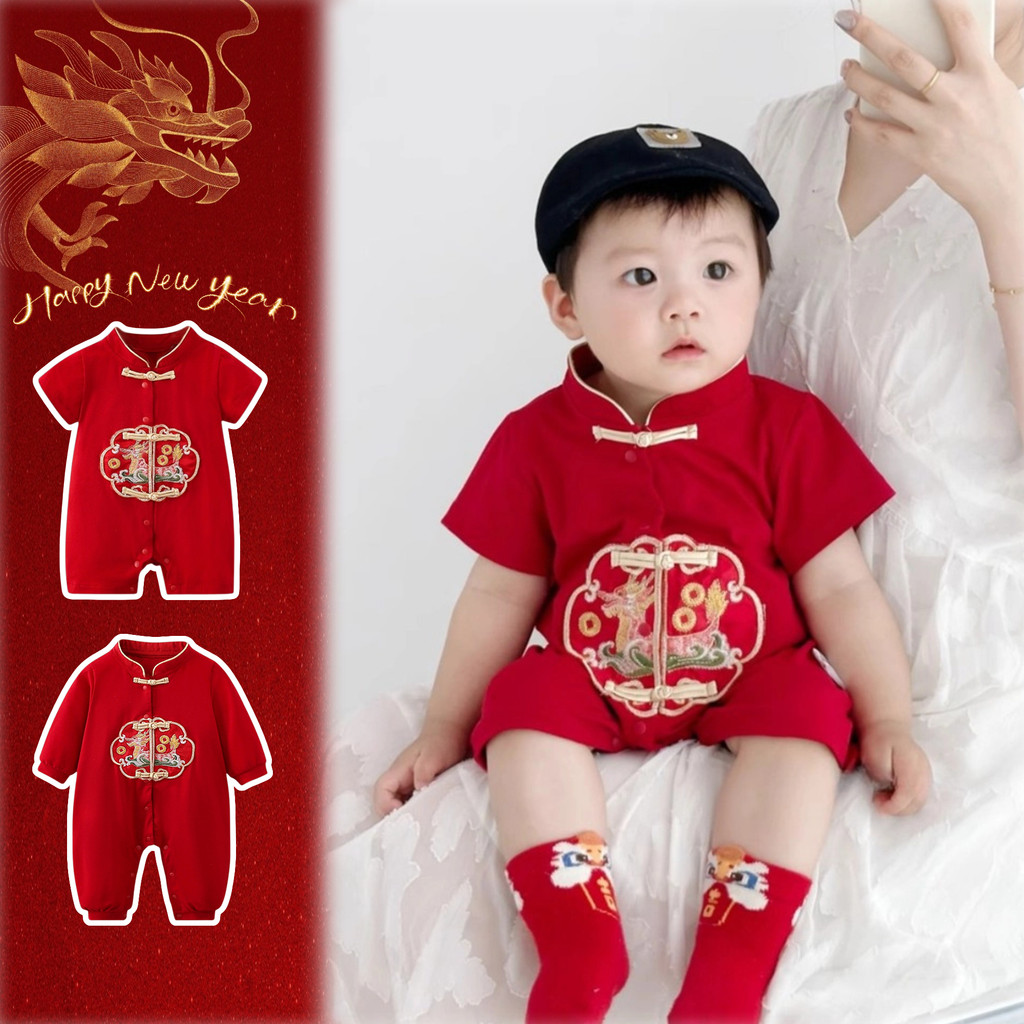 ฤดูร้อนเสื้อผ้าเด็กทารกชายหญิงใหม่จีนแขนสั้น ชุด 0-24เดือนเด็กผ้าฝ้ายบางปักมังกรเทศกาลฤดูใบไม้ผลิเทศกาล ชุดรอมเปอร์ ปีใหม่