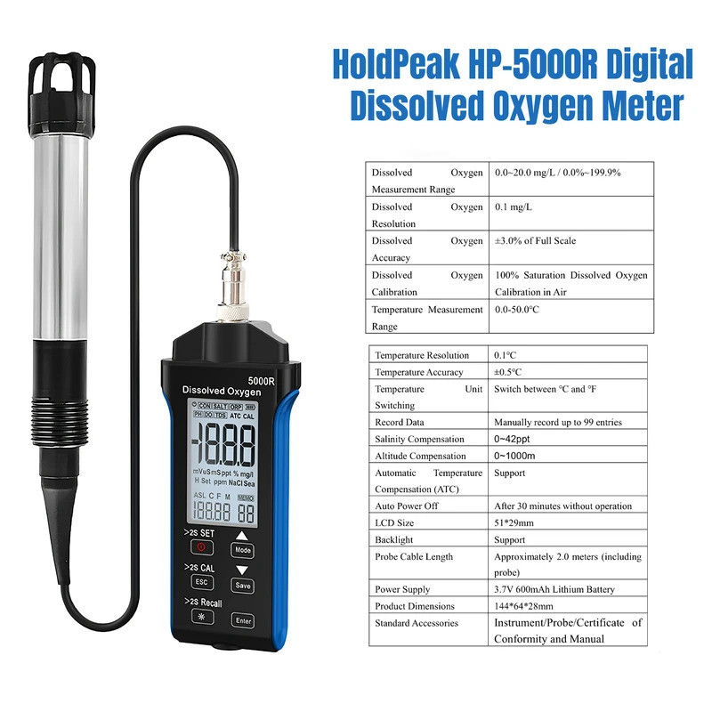 ออกแบบใหม่ Fluorescence Digital ละลายออกซิเจนเมตร,DO Meter 6.56ft DO Probe Cable, Meltd Oxygen Test 