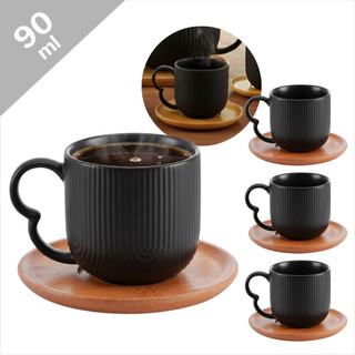 Conjunto Xícaras Café 90ml Cerâmica Preta Canelada e Pires de Bambu Kit 4 Peças Oásis