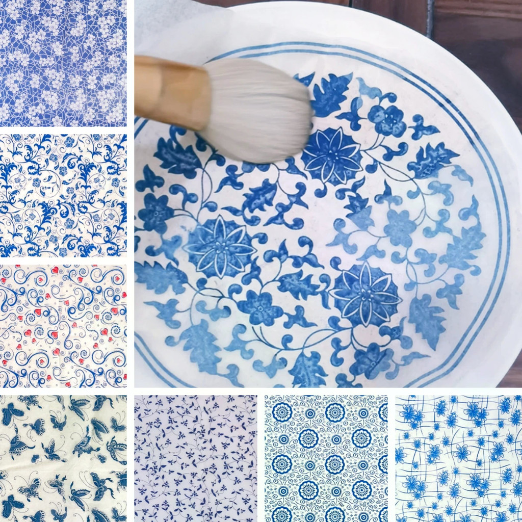 1PCS Blue Transfer กระดาษเครื่องปั้นดินเผา Underglaze Decal กระดาษมังกรดอกไม้ Vine รูปแบบ Polymer Clay DIY เซรามิค Decal สีเครื่องมือ