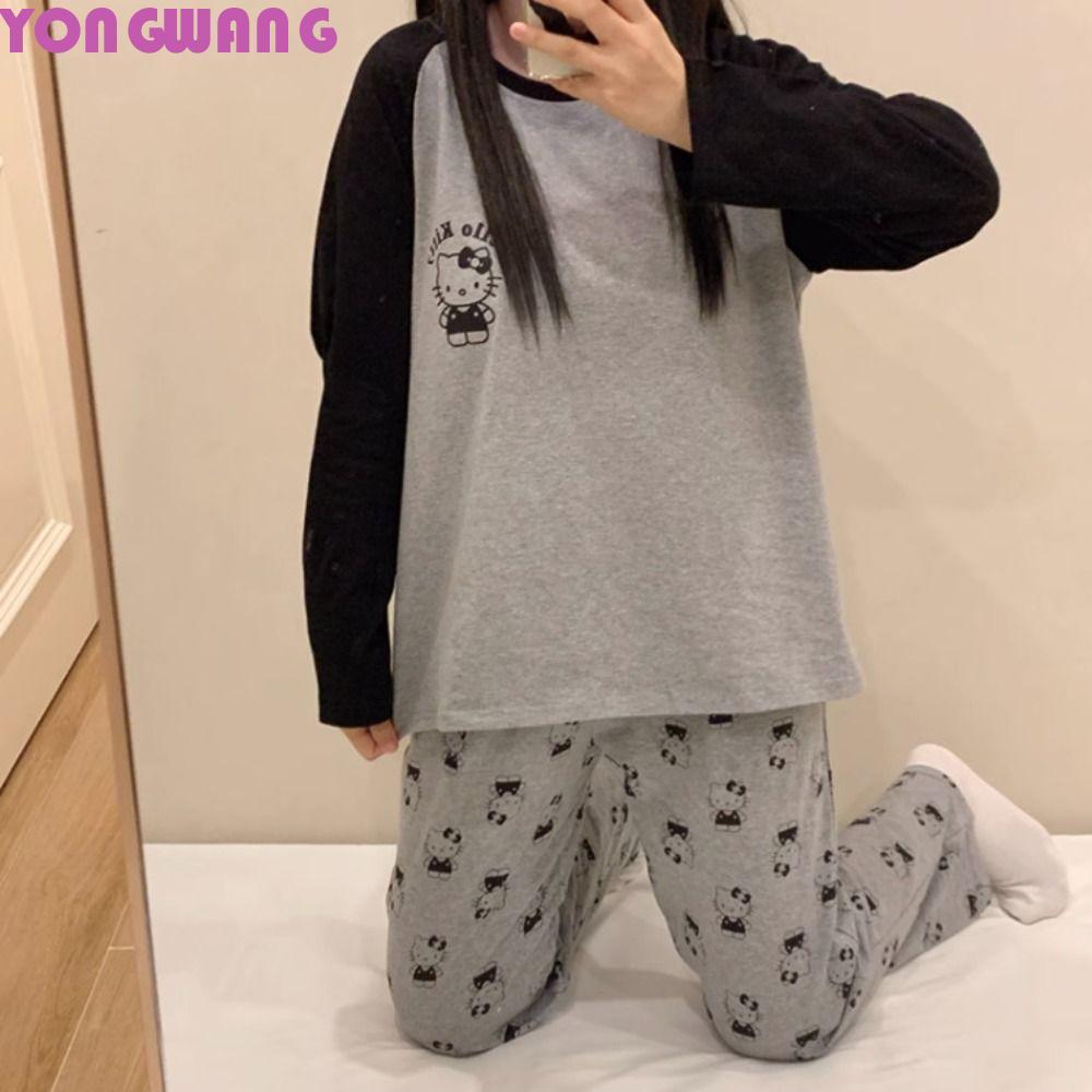YONGWANG66HR Kitty Cat ชุดนอน,การ์ตูนแขนยาวตาข่ายชุดนอนชุด,สบายๆ Kawaii หลวมรอบคอ 2 ชิ้นชุดนอนบ้าน