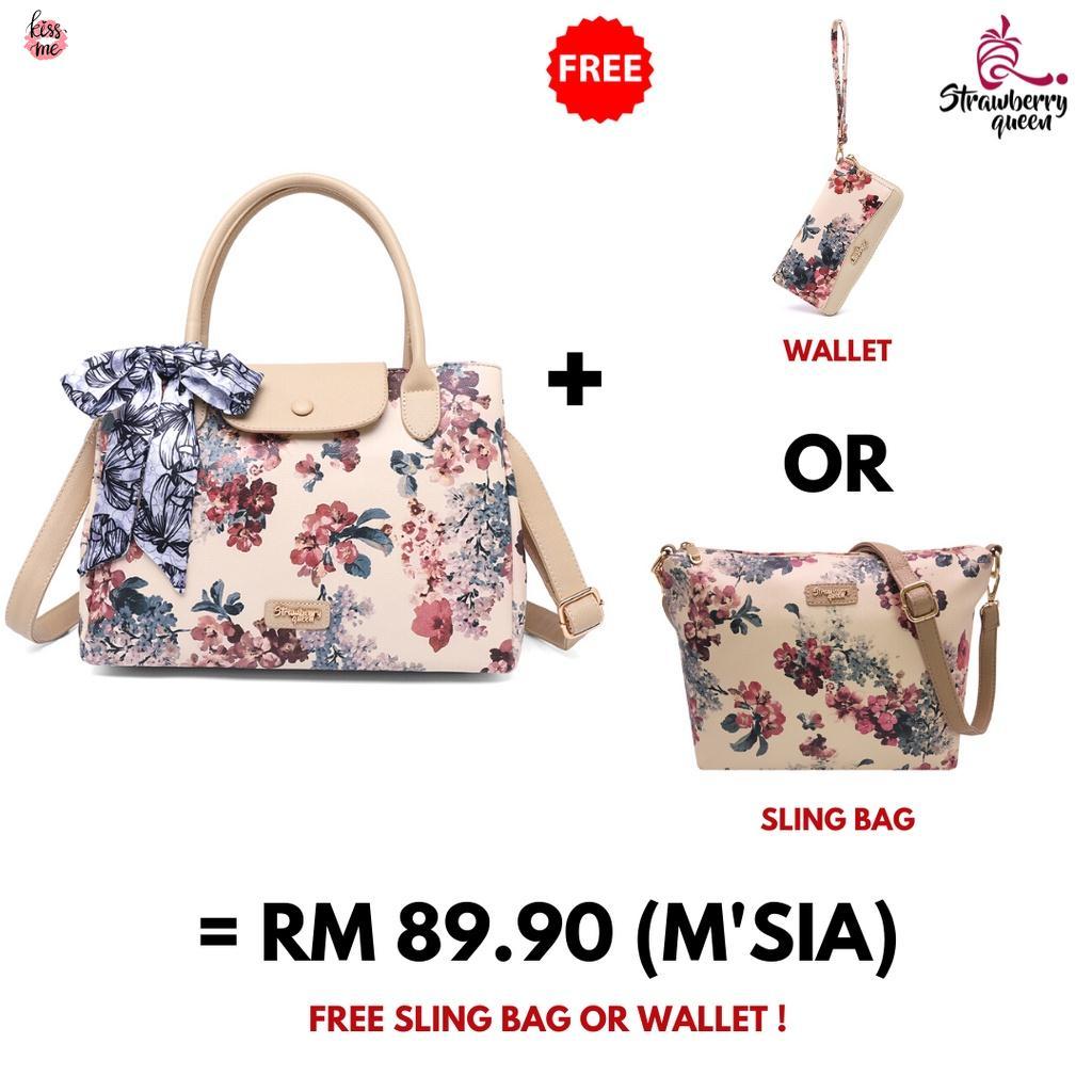 HN8 [FREE WALLET] Strawberry Queen Women Floral Nana Handbag (Floral E, Beige)