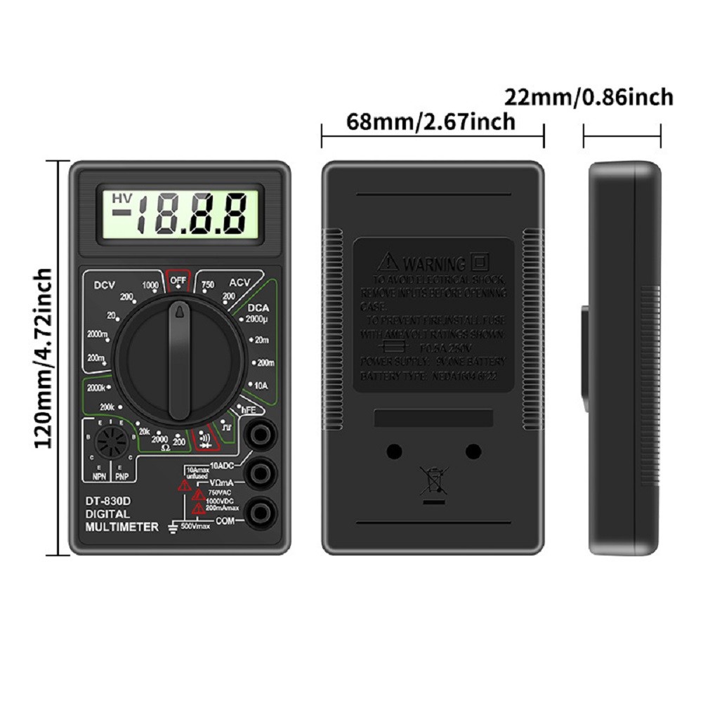 มัลติมิเตอร์แบบดิจิตอล DT830D พร้อมคุณสมบัติการวัดแรงดันและความต้านทาน AC DC