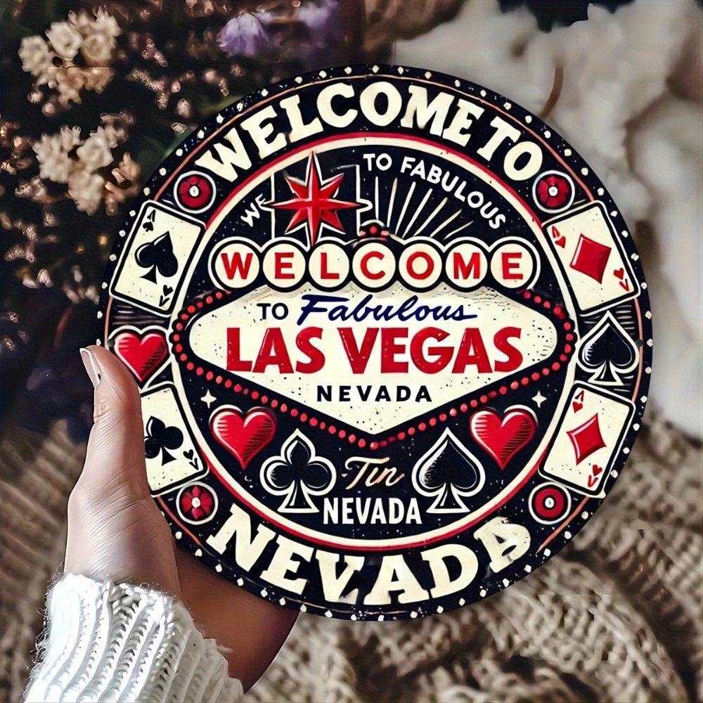 ป้ายโลหะโลโก้โป๊กเกอร์กลมแบน 2D - Wall Art เหมาะสําหรับตกแต่งบ้านหรือคาเฟ่, 2D Flat