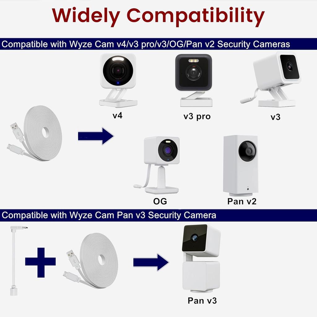 2 Pack 30ft Power Extension Cable Compatible with Wyze Cam v4,Wyze Cam Pan v3,Wyze OG,Wyze Cam v3 an
