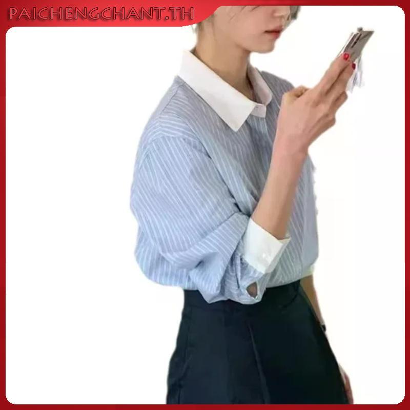 Xiao เสื้อเชิ้ตแขนยาว คอปก ทรงหลวม ลายทาง เข้ากับทุกการแต่งกาย สไตล์เกาหลี แฟชั่นฤดูใบไม้ผลิ สําหรับ