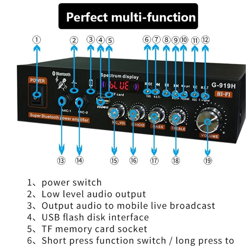 G919H 12V DC 220V 1000W เครื่องขยายเสียงมินิบลูทู สเตอริโอ Mini Amplificador เครื่องขยายเสียง เครื่องเล่นเพลงสำหรับรถ ราคา ถูกที่สุด ดีลบีเคเค แกลเลอรีภาพที่ 7
