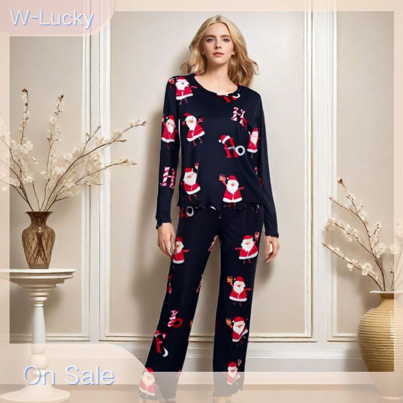 W-Lucky Santa Claus คริสต์มาสผู้หญิงชุดนอนชุดสกรูคอยาวแขนยาวกางเกง 2 ชิ้นชุดนอนชุดนอน