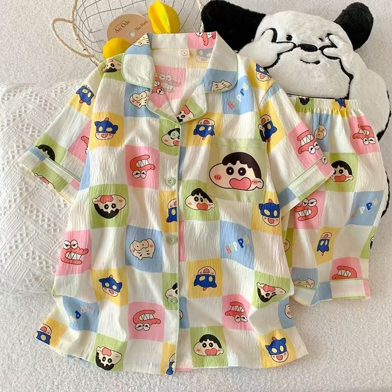 H-PJs ชุดนอนลายการ์ตูนใหม่ สินค้าขายดี ชุดนอนผู้หญิงน่ารักๆ แขนสั้น เสื้อคอปกเเขนสั้น เนื้อผ้านิ่ม ใ