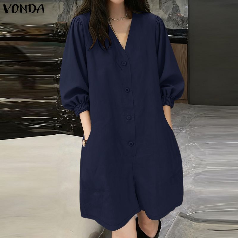 Vonda بلوزة نسائية كورية سادة بياقة V نصف كم — صورة 4