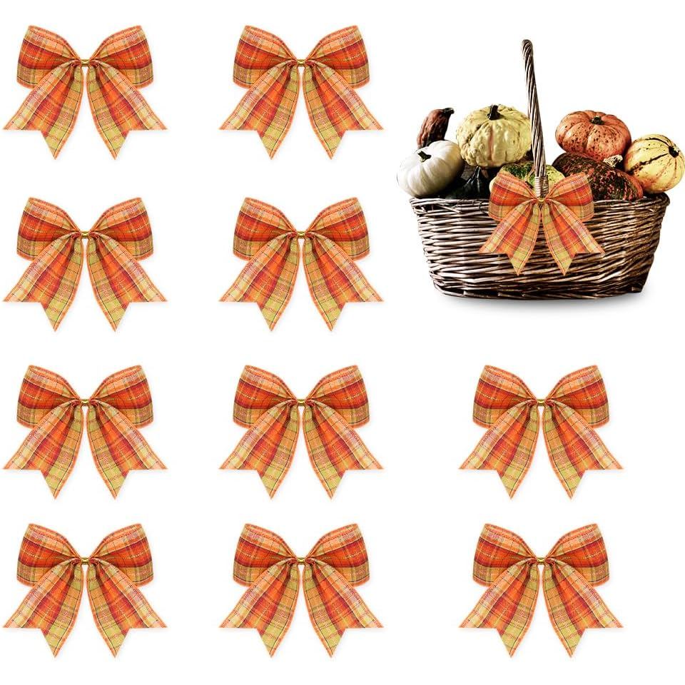Hying 10PCS Fall Bows สําหรับพวงหรีด,ผ้าลินินลายสก๊อตสีส้มเก็บเกี่ยวพวงหรีดโบว์สําหรับวันขอบคุณพระเจ