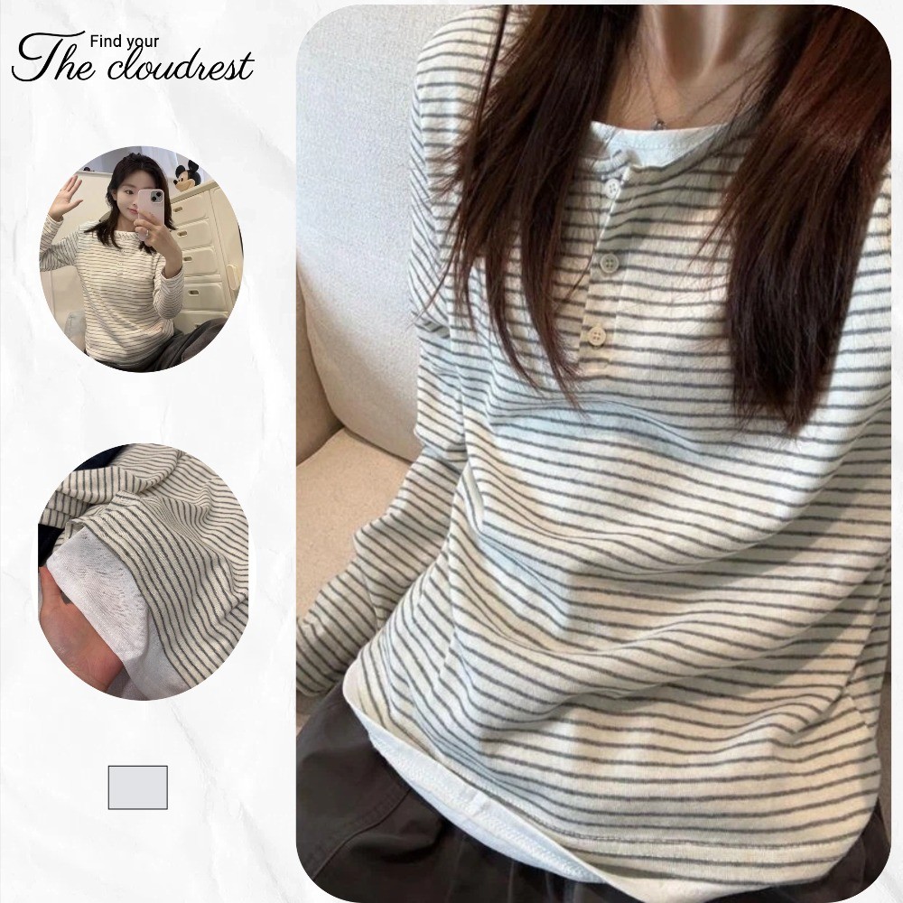 เสื้อยืดแขนยาวสองชิ้นปลอมย้อนยุคของผู้หญิงฤดูใบไม้ผลิและฤดูใบไม้ร่วงใหม่แฟชั่นลายด้านบน
