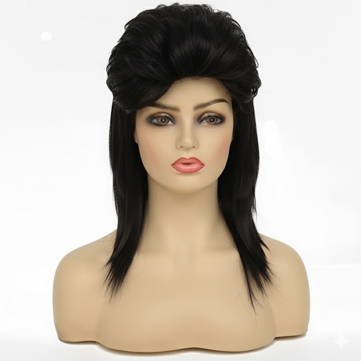 ย้อนยุค WIG Vintage RETRO WIG สีดําวิกผมวิกผมวิกผมผู้หญิงคอสเพลย์ฮาโลวีน RAMBUT Retro 80 S nmullet
