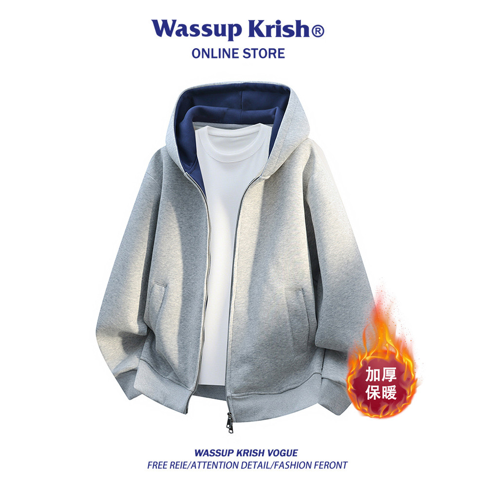 WASSUP KRISH สีทึบซิปคู่ Hooded Cardigan เสื้อกันหนาวสำหรับผู้ชายในฤดูหนาว แจ๊กเก็ตหนาสไตล์_heavy_pr