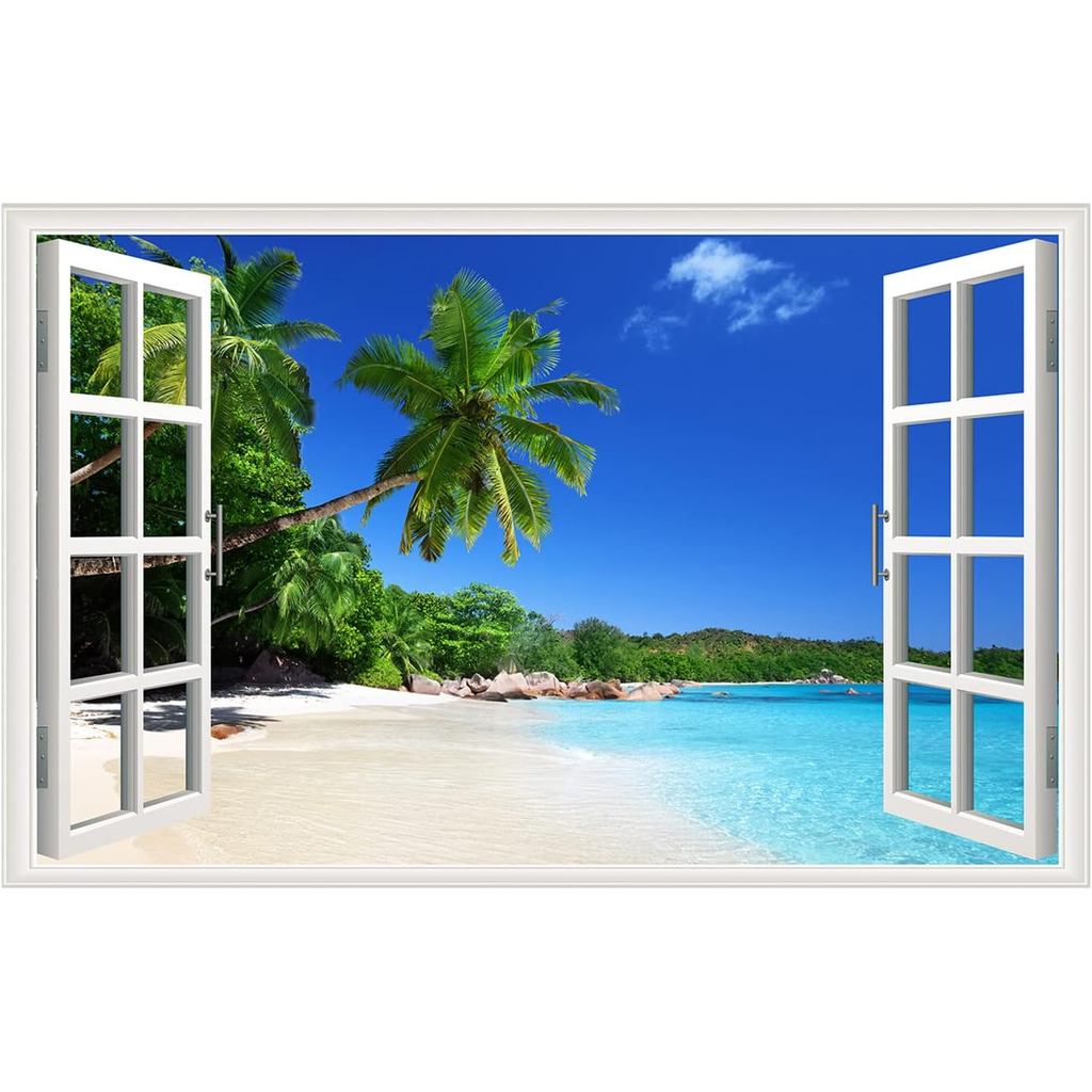 3D Beach Fake Window Wall Stickers Tropical Island with Palm Trees Wall Mural Window View Wall Decor