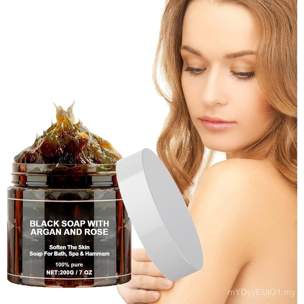 Morocco Black Soap with Argan and Rose, Organic Moroccan Body Exfoliating Scrub - 200 g (1 ชิ้น)