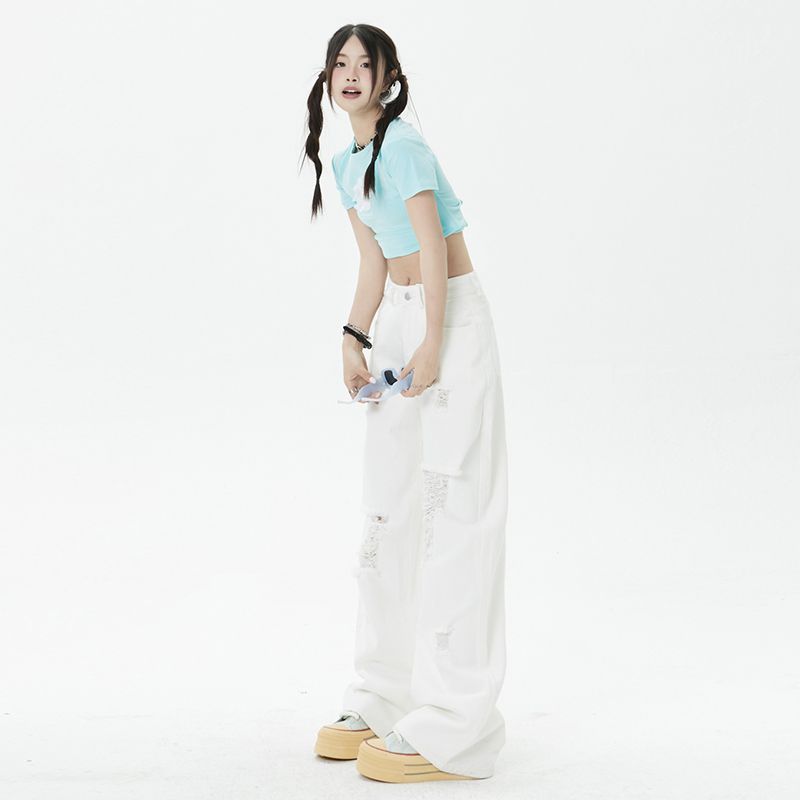 กางเกงยีนส์ขายาว jinn jeans จัดส่งฟรีขายส่งเรียบง่ายสีขาวบริสุทธิ์สไตล์อเมริกันรูเล็กตรงหวานและเย็นส