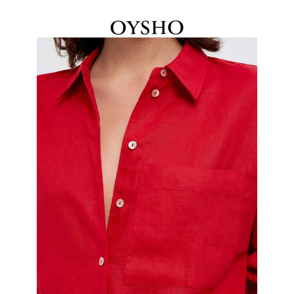 เสื้อเชิ้ตแขนยาวชายหาดจาก Oysho ดีไซน์ dopamine wear ทำจากผ้าลินิน รหัส 31080313